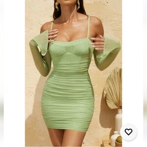 Oh Polly Light Green Mini Dress Dukine Off Shoulder Ruched  Dress